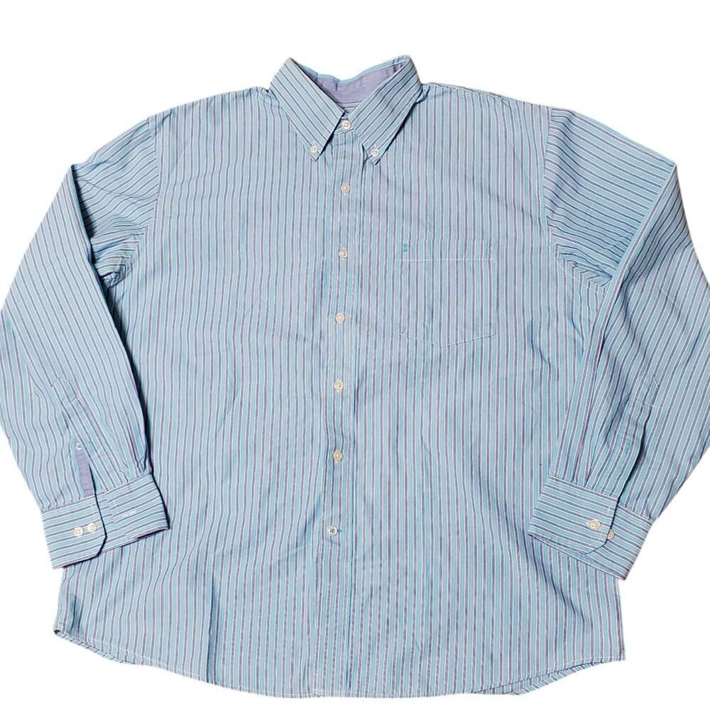 Izod Mens Sz Large Button Down Long Sleeve Shirt Blue Stripe